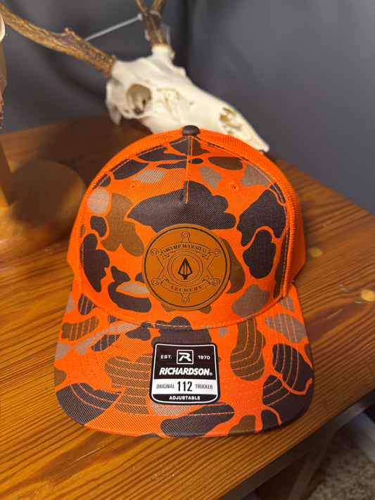 Blaze Orange Duck Camo SMA Leather Badge Hat
